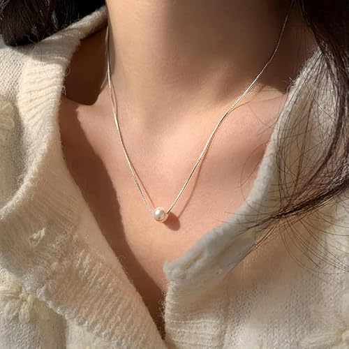 Sereney Single Pearl Neckle for Women S925 Sterling Silver, Teen Girls Women Silver Jewelry Simple Pearl Necklace as Gifts for Her, Birthday Gift for Girl Womens