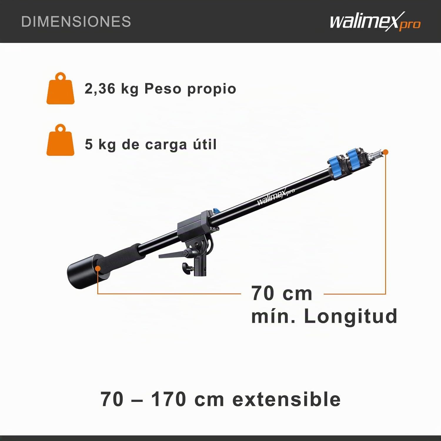 Walimex pro Brazo (contrapeso 70-183 cm, pluma, brazo de extensión, cabeza giratoria, pluma de aluminio de 3 secciones, ajustable en altura y longitud, capacidad de carga de 2 a 5 kg), negra