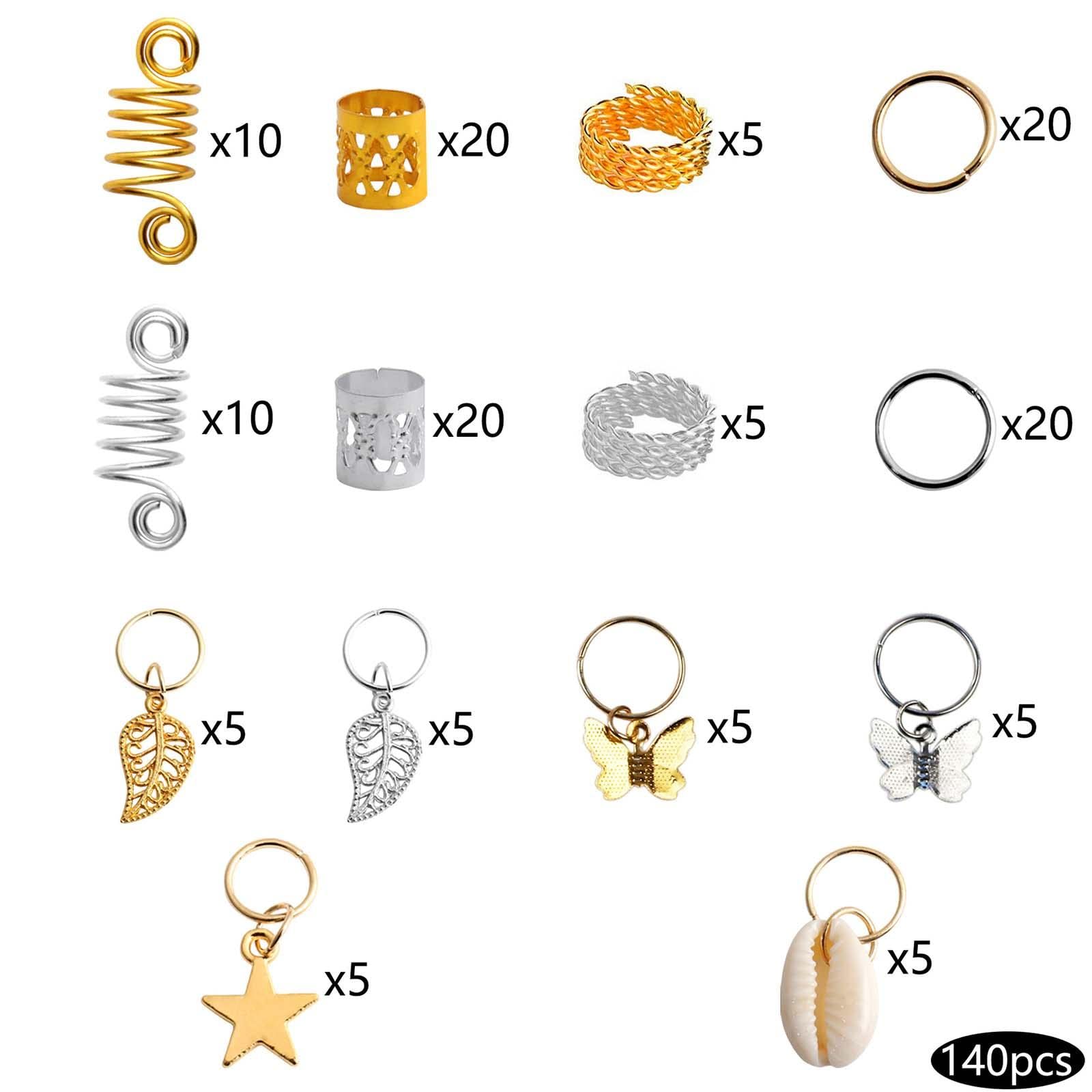 Zestaw 5 140 sztuk koralików do zaplatania włosów, metalowe, do bransoletki, włosów, DIY, ozdoby do włosów, 140 szt., złote i srebrne