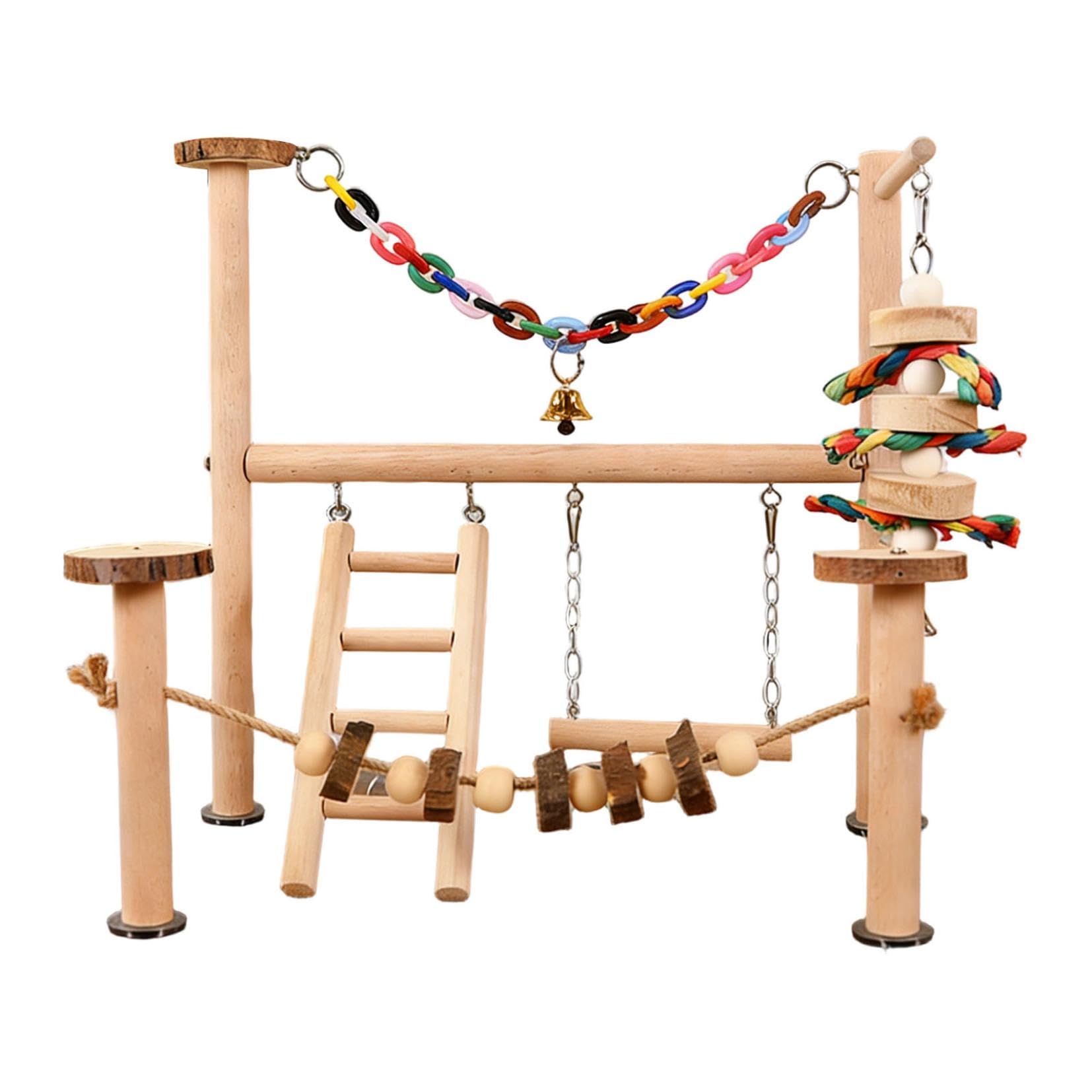 Bird Playground, 2-Level Natural Wood Parrot Playstand with Ladder, Swing, Platform, Rope Bell, Pet Life Activity Center Training Stand for Parakeet Conure Lovebird Cockatiel (Beige)