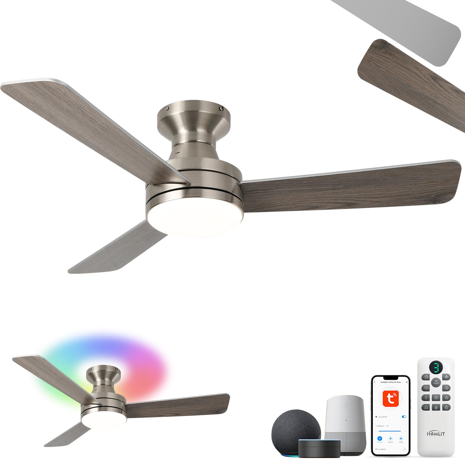 42 RGB Ceiling Fan with Light Music Sync Smart Fan with Alexa Google App Control Low Profile Flush