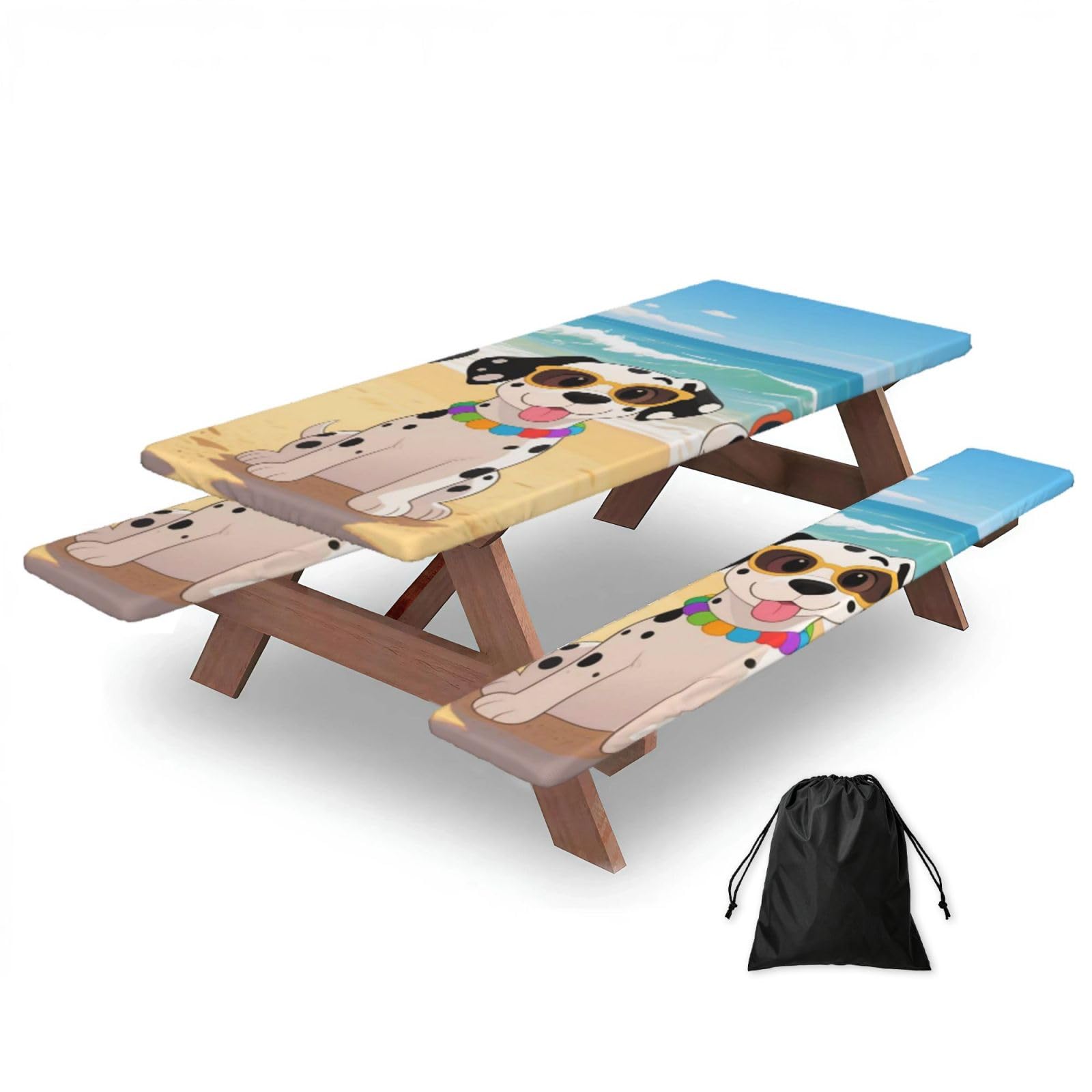 FekiLoot Beach Dogs Picnic Table Cover with Bench Covers and Bag, Windproof Waterproof Rectangle Tablecloth with Elastic Edges Fitted Camping Table Covers Portable Camping Accessories