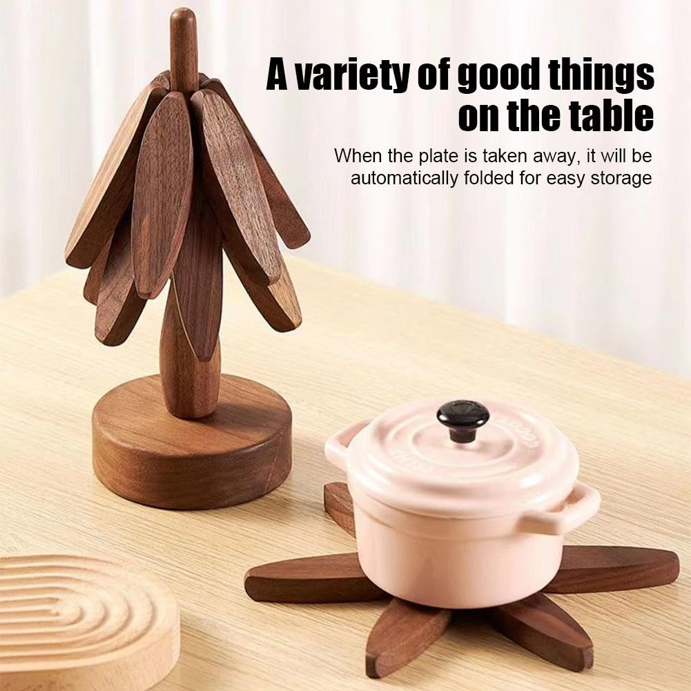 Porta Pentole In Legno Naturale Sottopentola A Forma Di Albero Pieghevole - 4 Foglie + Base In Legno, Per Piatti Caldi, Teiere, Padelle Pentole Grandi
