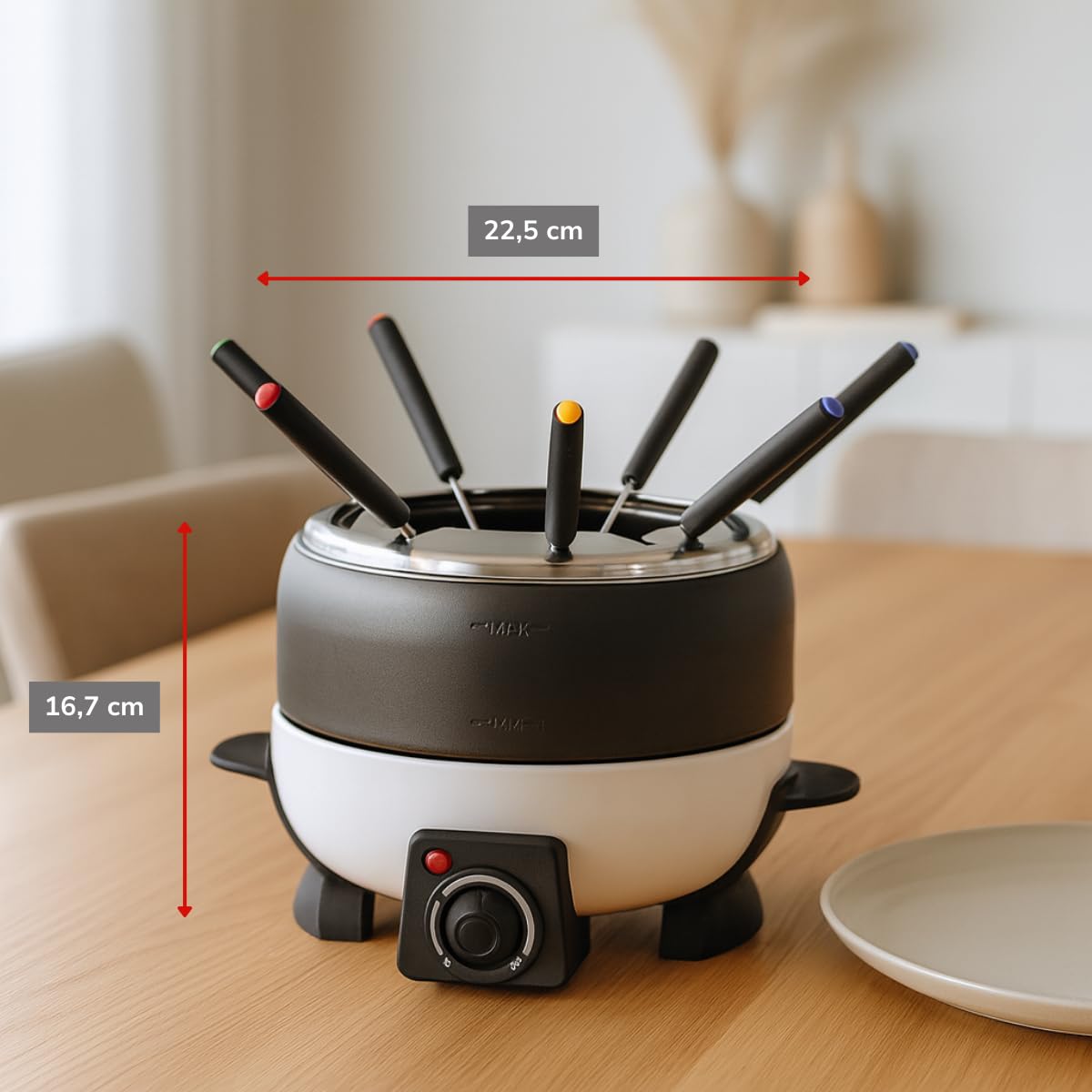 Deluxe Appareil á Fondue électrique 800W – Caquelon de 2L pour 6 Personnes - Convient pour Fromage et Chocolat – Incl. Fourchettes – Température Réglable