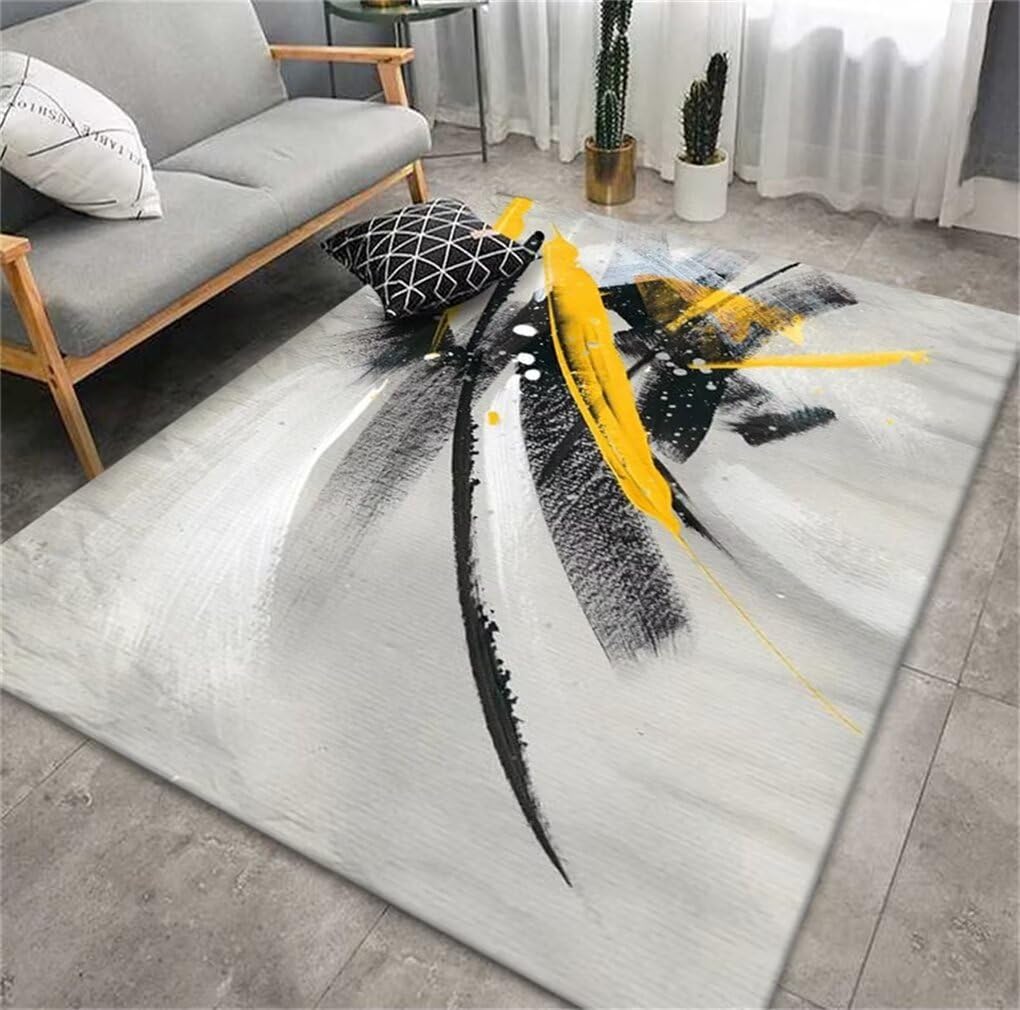 Tapis lavable machine 80x150cm gris et jaune résistant à l'usure pour salon