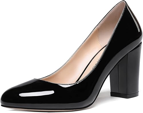 WAYDERNS Zapatos de tacón alto con puntera redonda gruesa y sólida para mujer, de 3 pulgadas