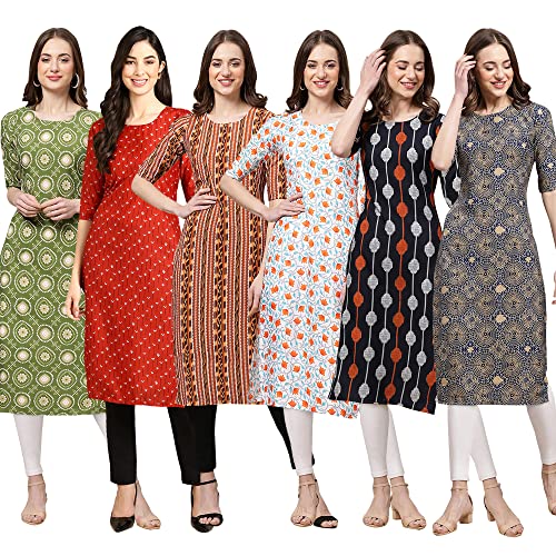 Image of Pinkmint Women's Crepe Digital Print Straight Kurta Pack of 6 [CR-336-370-344-343-328-366]