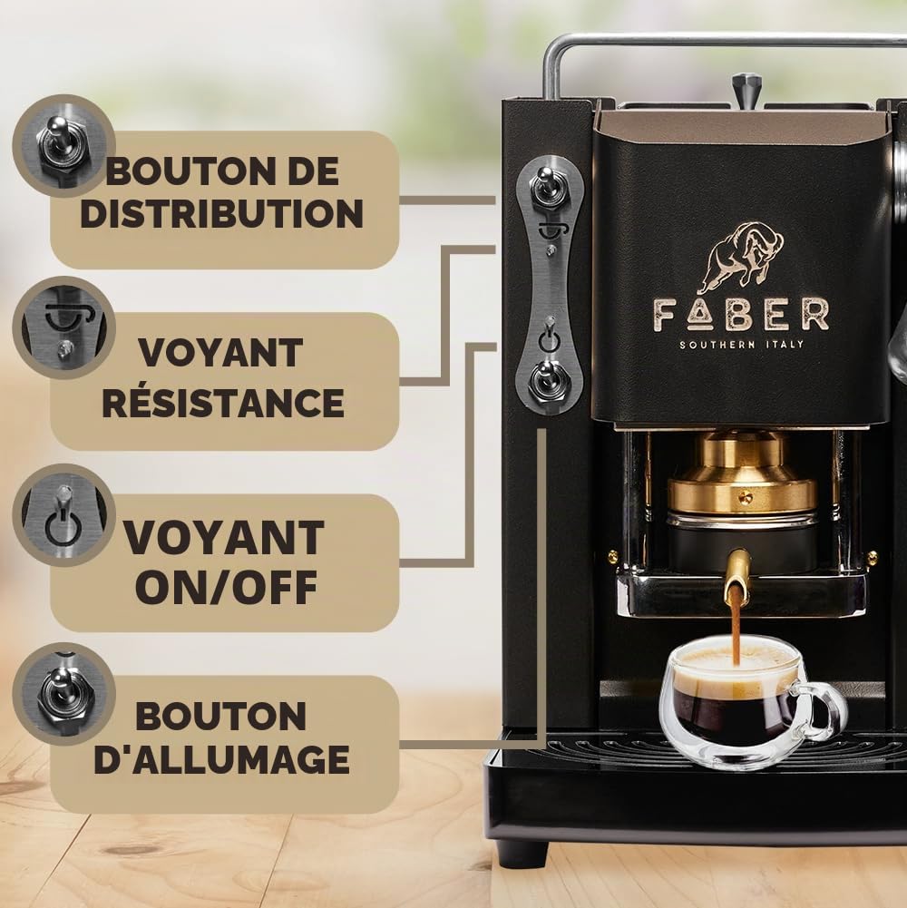 FABER COFFEE MACHINES | Modèle Pro Mini Deluxe | Machine à café à dosettes ese 44mm | Finition Chrome | Pressacialda en laiton (Mat Black)