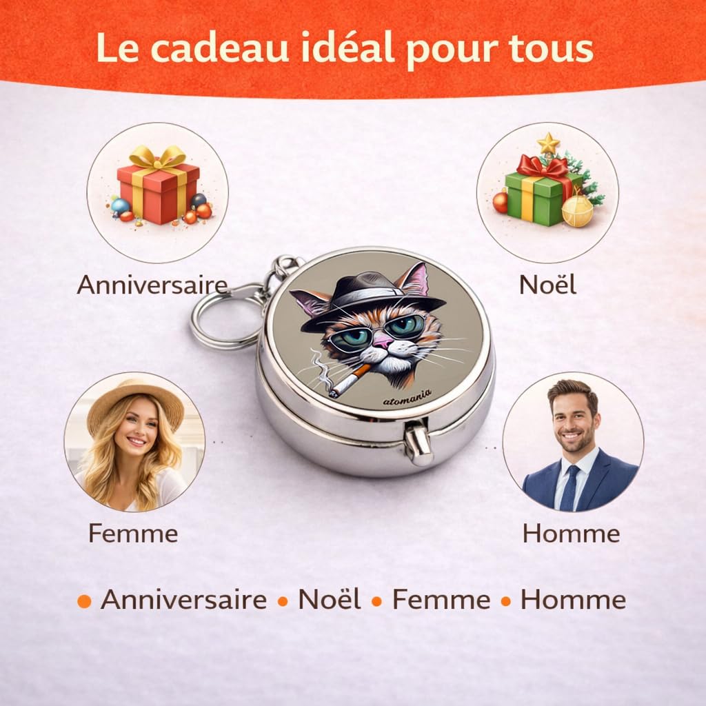 Cendrier de poche Pause Chat – Message humoristique – Chat stylé lunettes & chapeau – Étanche anti odeur – Acier inoxydable – Porte clé amovible – Compact 5 cm 70 g – Accessoire fumeur fun – Atomania