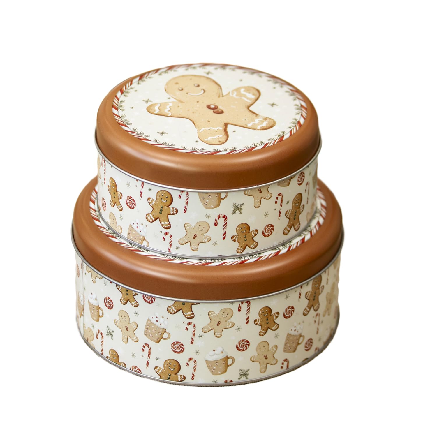 Darthome Set of 2 Gingerbread Christmas Nesting Cake Tins, Round, Metal, White and Brown, Airtight, Festive Storage for Biscuits and Treats