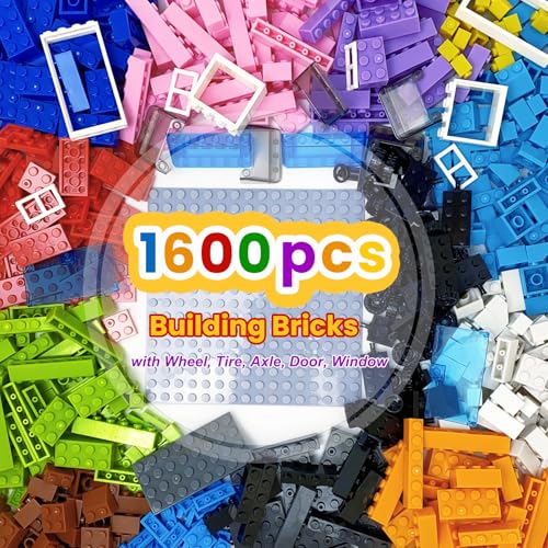 Jodicody 1600 Pieces Building Bricks, Classic Bulk Building Blocks for Kids with Wheels and Axles Sets, Windshield, Windows, Doors, Baseplates, Compatible with All Major Brands - 18 Shape/12 Color
