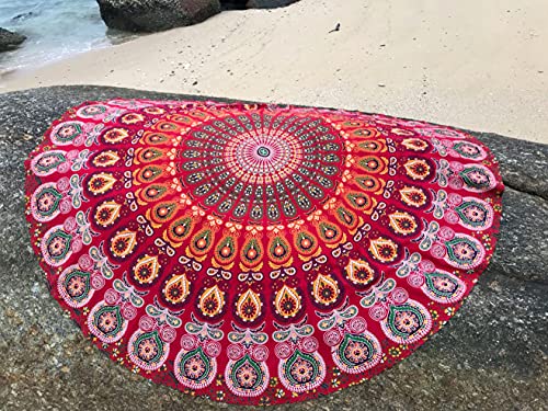 raajsee Red Round Beach Tapestry Hippie/Boho Beach Blanket Mandala/Indian Cotton Throw - Round Tablecloth/Home Decor/Indie Rug Yoga Mat Meditation Picnic Rugs 127 CM / 50 INCHE Circle - Image 7