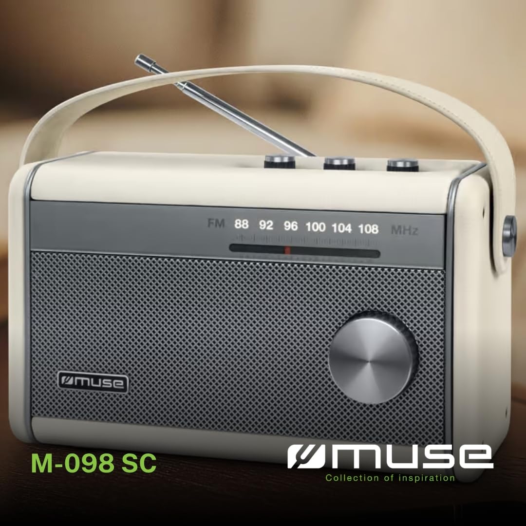 Muse M-098 SC Radio Bluetooth Portable, Radio FM, Puissance de Sortie 10 W, antenne télescopique FM, Affichage de fréquence Lumineux, USB-C, Prise Casque, Radio à Batterie, Bloc d'alimentation Inclus