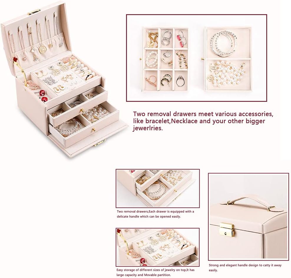 Portable Jewelry Box with Lock, 3 Layer Jewelry Organizer Case for Women Girls, Suitable for Earrings, Bracelets, Rings, Watches and Accessories Storage and Display (Navy Blue)