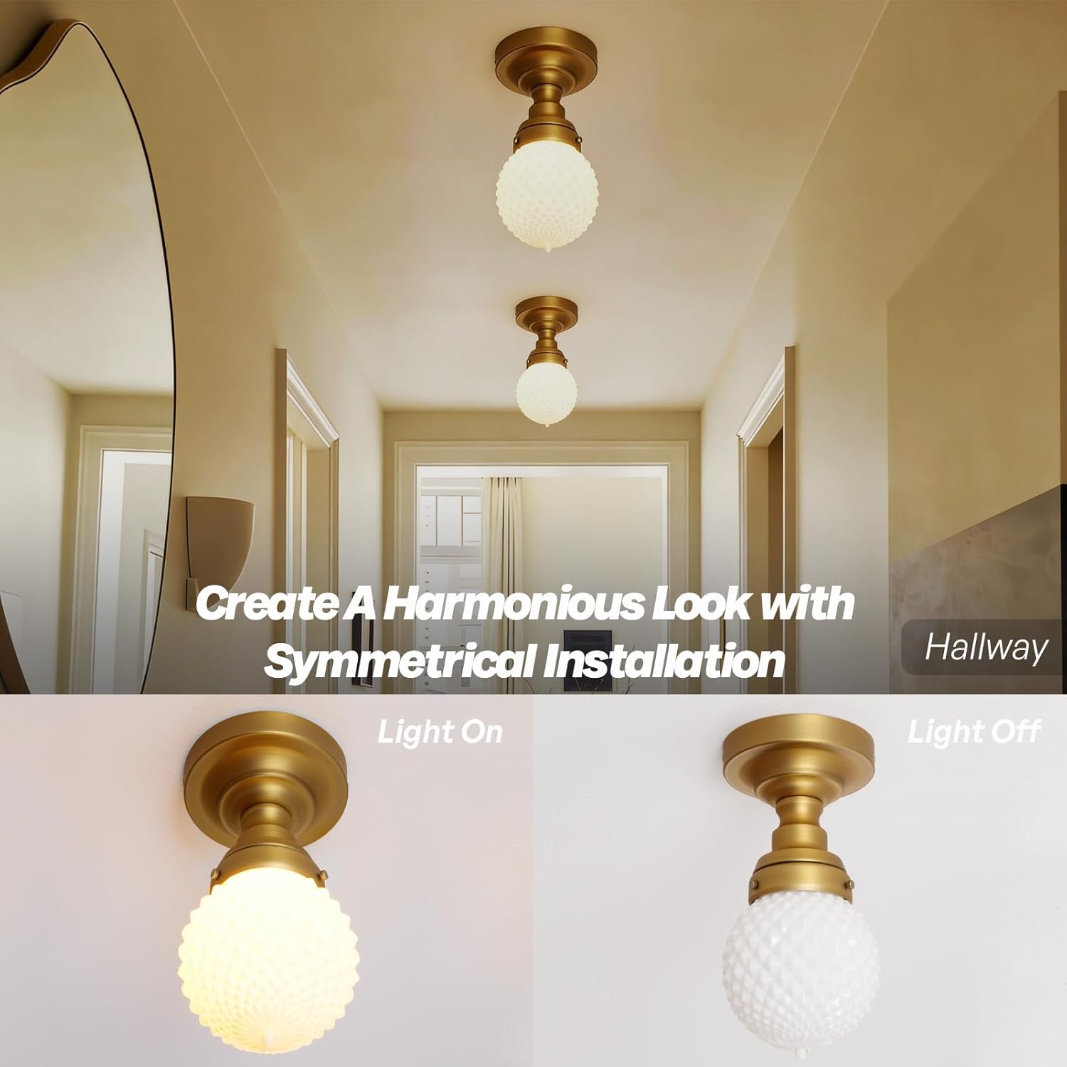 Modern Schoolhouse Semi Flush Mount Ceiling Light, Brass Gold Close to Ceiling Light Fixtures with Globe Milky White Glass Hallway Ceiling Lamp for Laundry Entryway Kitchen Bathroom E26