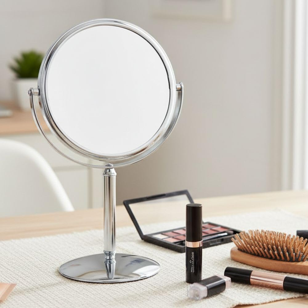 Model's Choice MC105C - Espejo de maquillaje de dos caras con aumento 5X y diseño giratorio, espejo portátil de 5.5 pulgadas de diámetro en acabado cromado
