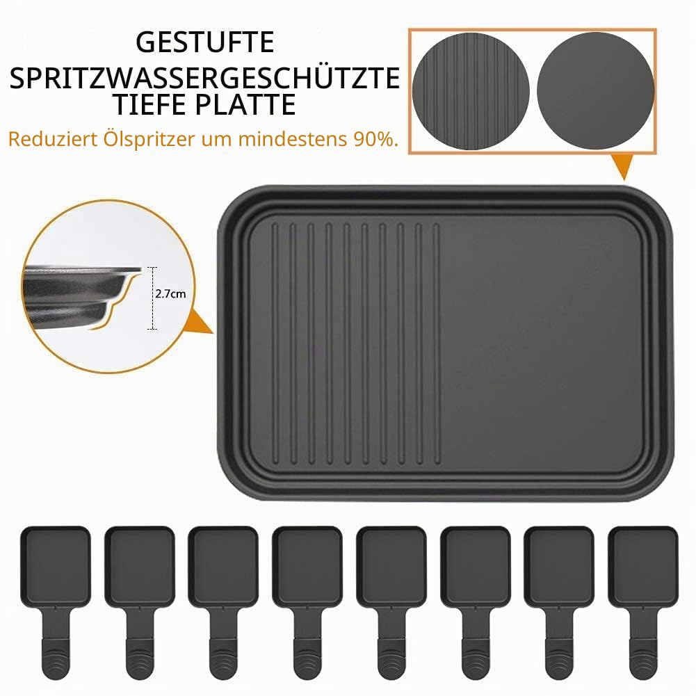 Raclette 8 Personen Grillplatte Antihaftbeschichtet Raclette Grill 4 6 Personen mit 8 Mini Raclette Pfännchen & 4 Holzspatel Stufenlos Regulierbare Temperatur 1500W Edelstahl