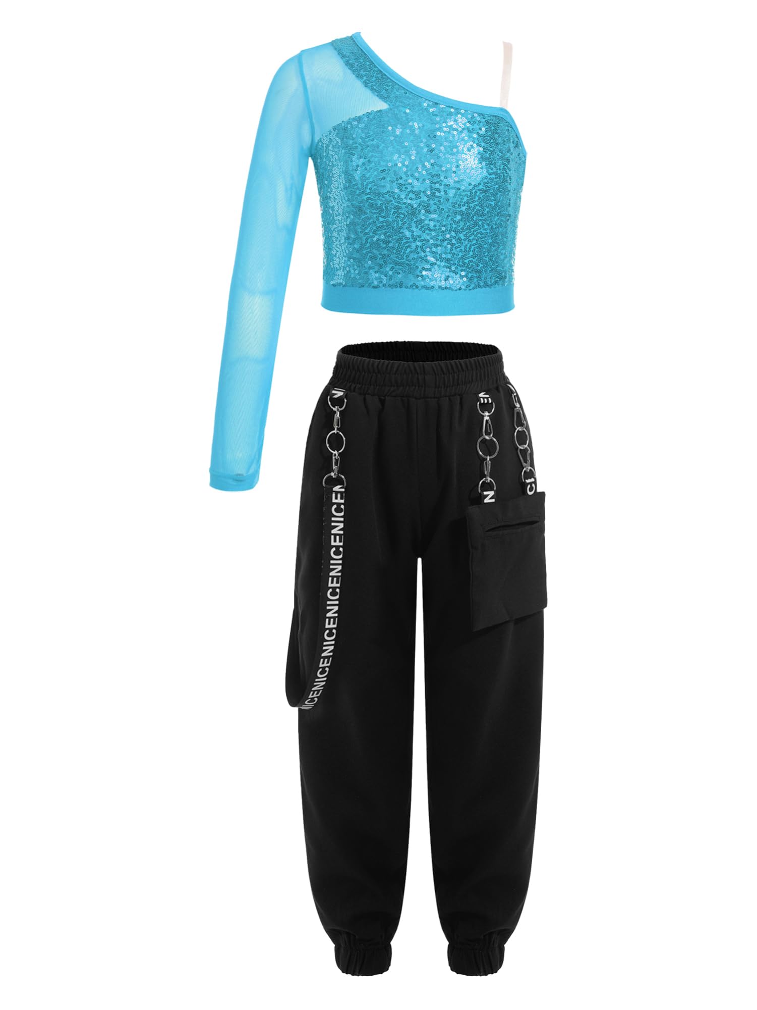 IEFIEL Traje de Baile Moderno para Niñas Sudadera de Manga Larga Crop Top de Lentejuelas Brillante y Pantalones Largos de Danza Hip Hop Chándales Deportivos 5-14 Años
