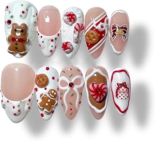 30Pcs Cute Christmas Press on Nails Medium Almond Fake Nails Cute Gingerbread Man False Nails with 3D Bow Candy Designs White French Tip Glue on Nail Winter Xmas Stick on Nail for Women Holiday DIY