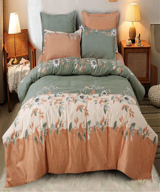 Image of Polycotton Single Bed Bedsheet, Flat Sheet with 1 Pillow Cover, Queen (60x90 inch), 300 TC, Green & Orange, Set of 2