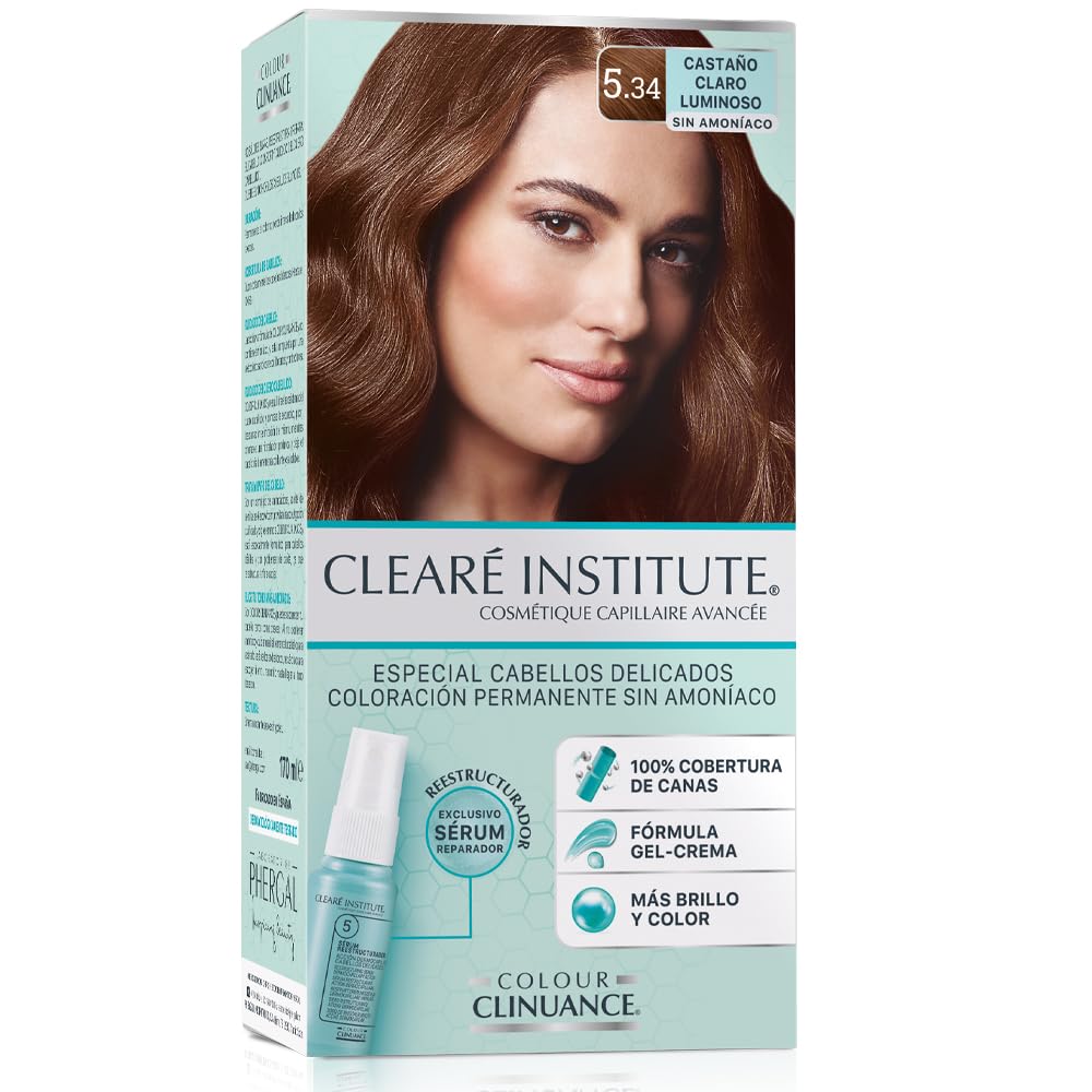 Colour Clinuance | Teinture Capillaire pour Cheveux Délicats | Coloration Permanente Sans Ammoniaque | Couleur Intense | Couverture À 100% | Testé Dermatologiquement | 5.34 Brun Clair Lumineux