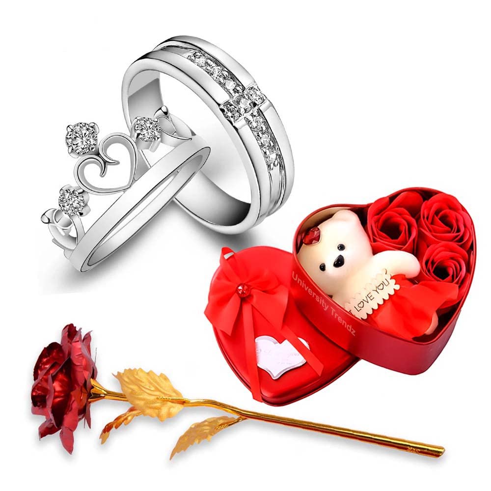 University Trendz Valentine Crown King Queen Adjustable Couple Ring with Artificial Red Rose Flower Box and Soft Teddy Bear for Girlfriend, Wife, Lover