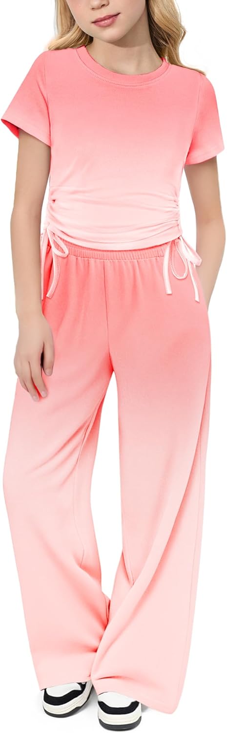 Arshiner Girls 2 Piece Outfits Short Sleeve Ruched Drawstring Crewneck Tops and Wide Leg Pants with Pockets Clothing Sets