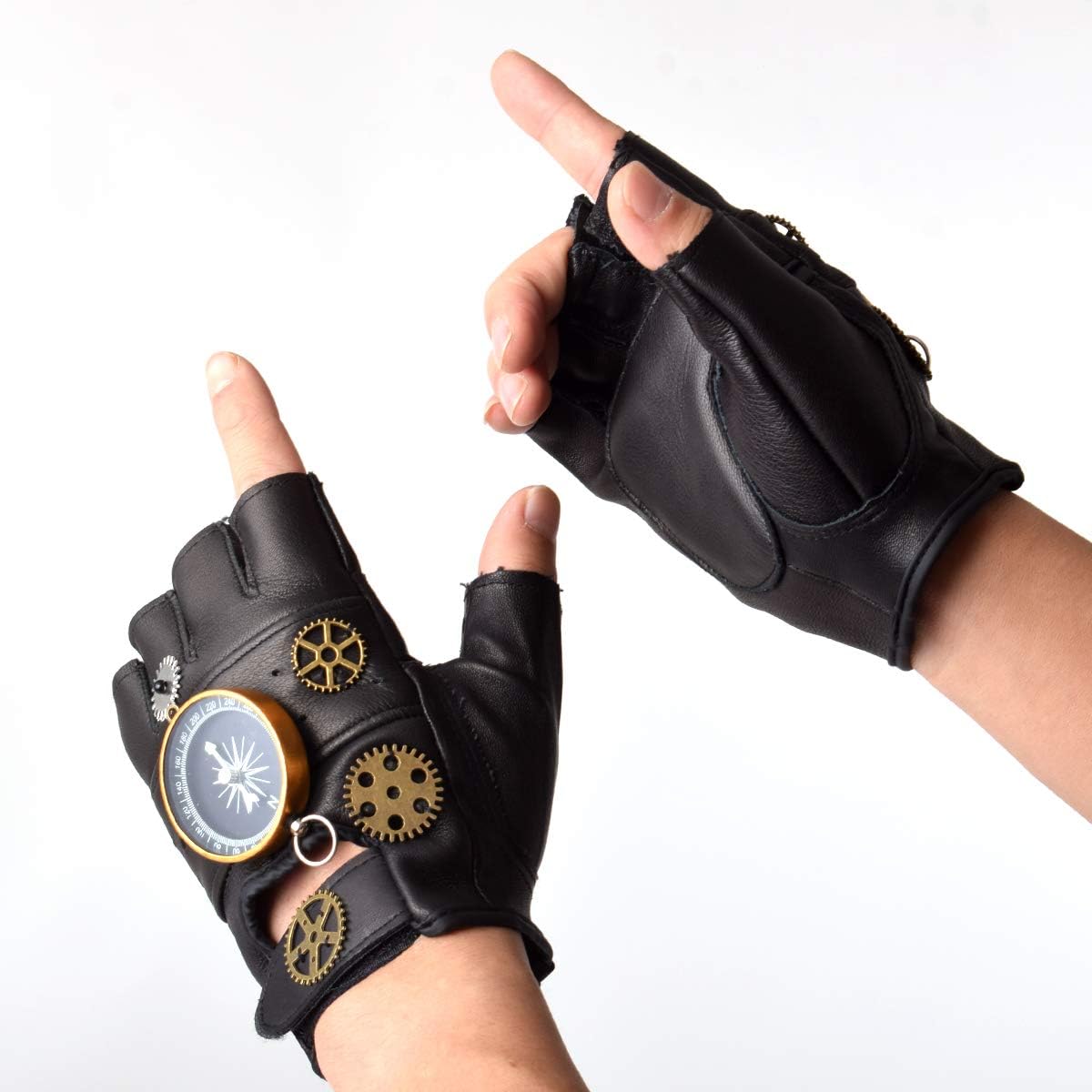 GRACEART Steampunk Leather Gloves Men with Gears Fingerless Mittens Heavy Metal Rocker Gloves