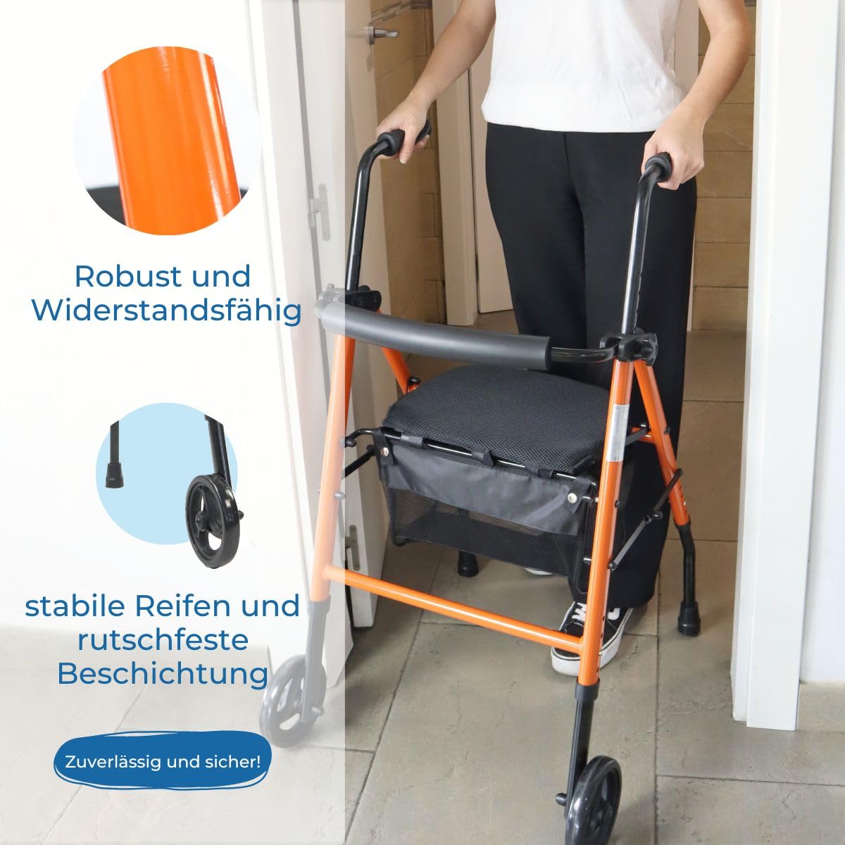 Mobiclinic®, Gehbock mit Rollen Klappbar, Zusammenklappbar, Höhenverstellbar, Nerón, Rollator, Mit Sitz und Rückenlehne, 2 Räder und Rutschfeste Trittflächen, Ablagekorb, Leichtgewicht, Stahl, Orange