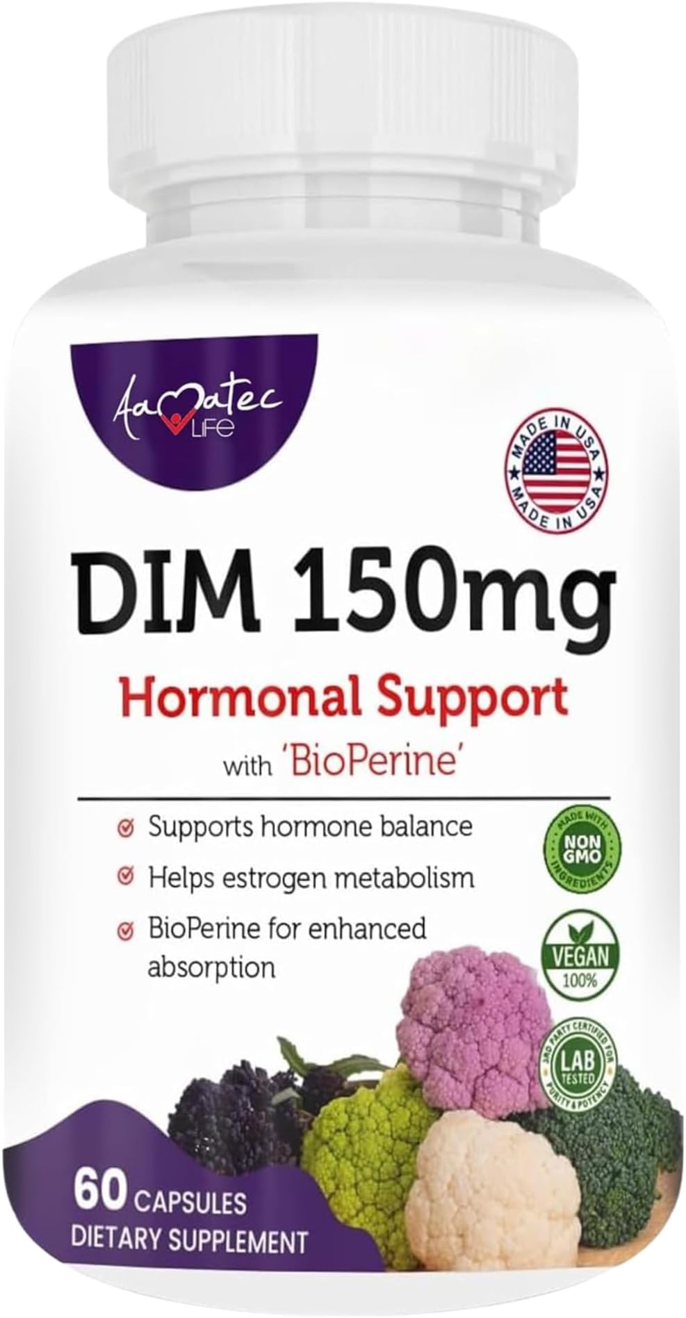Women’s DIM Complex 150mg - Bioperine Estrogen Balancing Pills for Menopause & Hot Flashes Relief Support Hormonal Acne Powerful Supplement - 60 Capsules - Made in USA