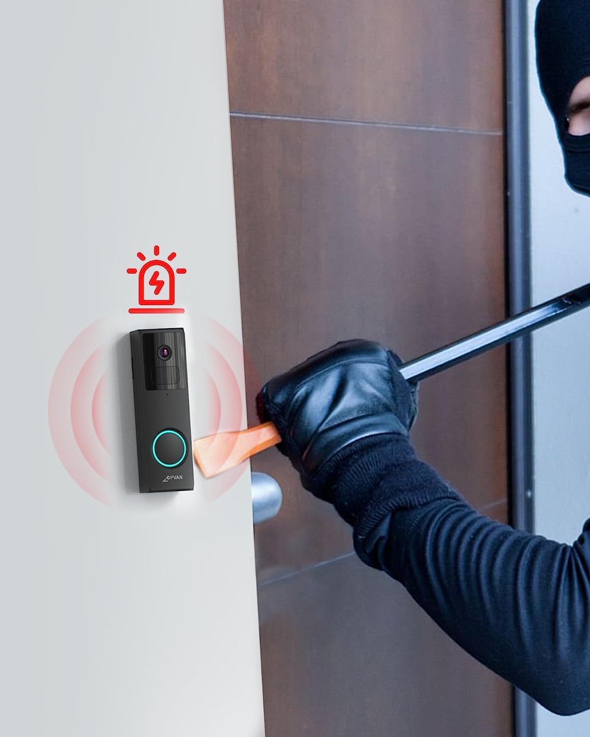 Doorbell emitting an alarm while a person attempts to remove it with a crowbar