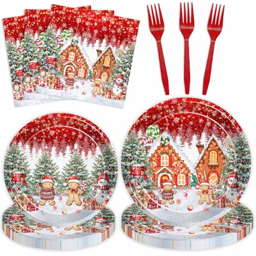 Joliaco 96 Pcs Red Gingerbread House Tableware Set Christmas Candy House Gingerbread Man Disposable Paper Plates and Napkins Xmas Candyland Party Supplies for 24 Guests