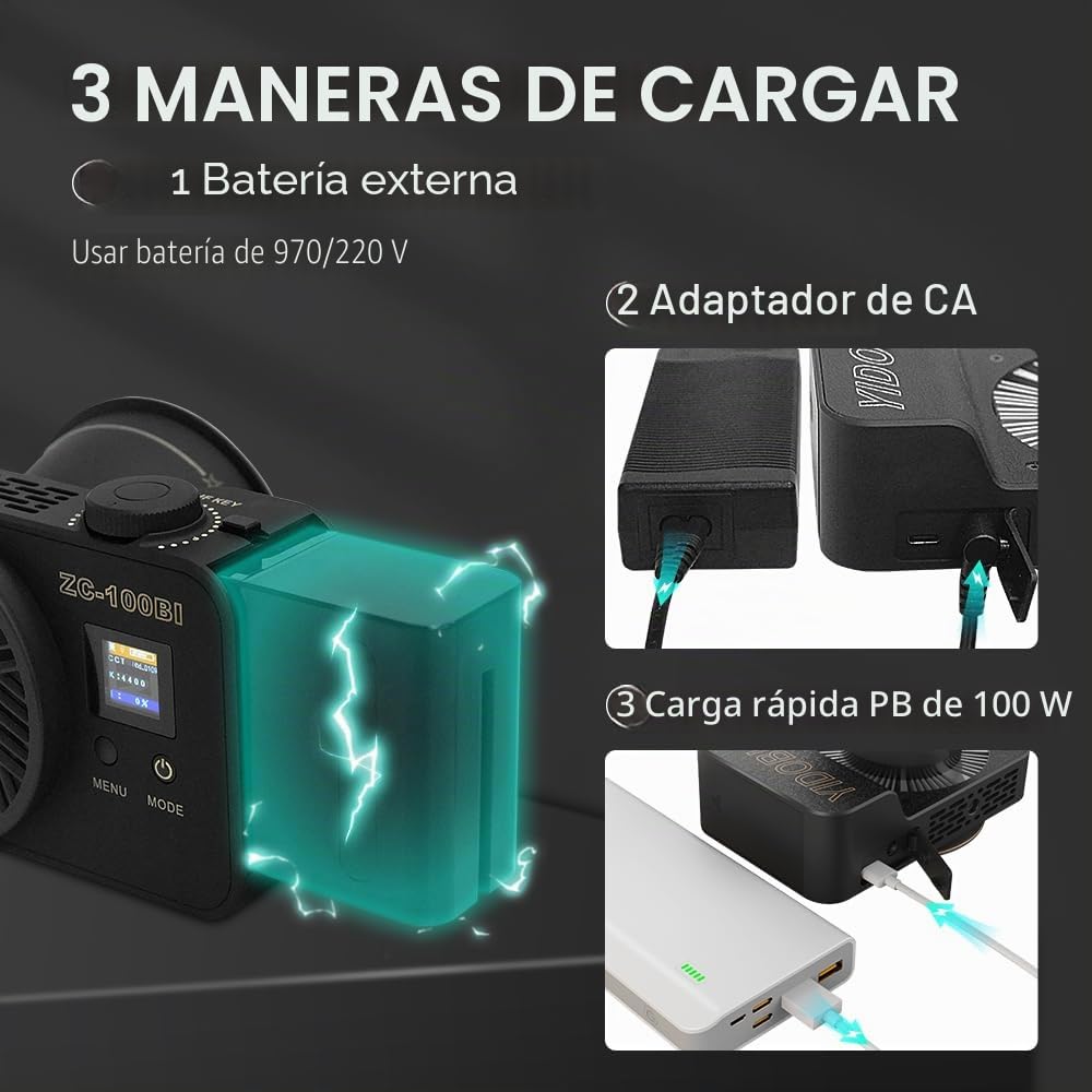 100W LED COB luz de vídeo con Montaje Bowens y empuñadura de Mano, 10000Lux / m 2700K-7500K Bicolor de iluminación con 10 simulaciones de escenarios, con el Panel de Control y Control de App