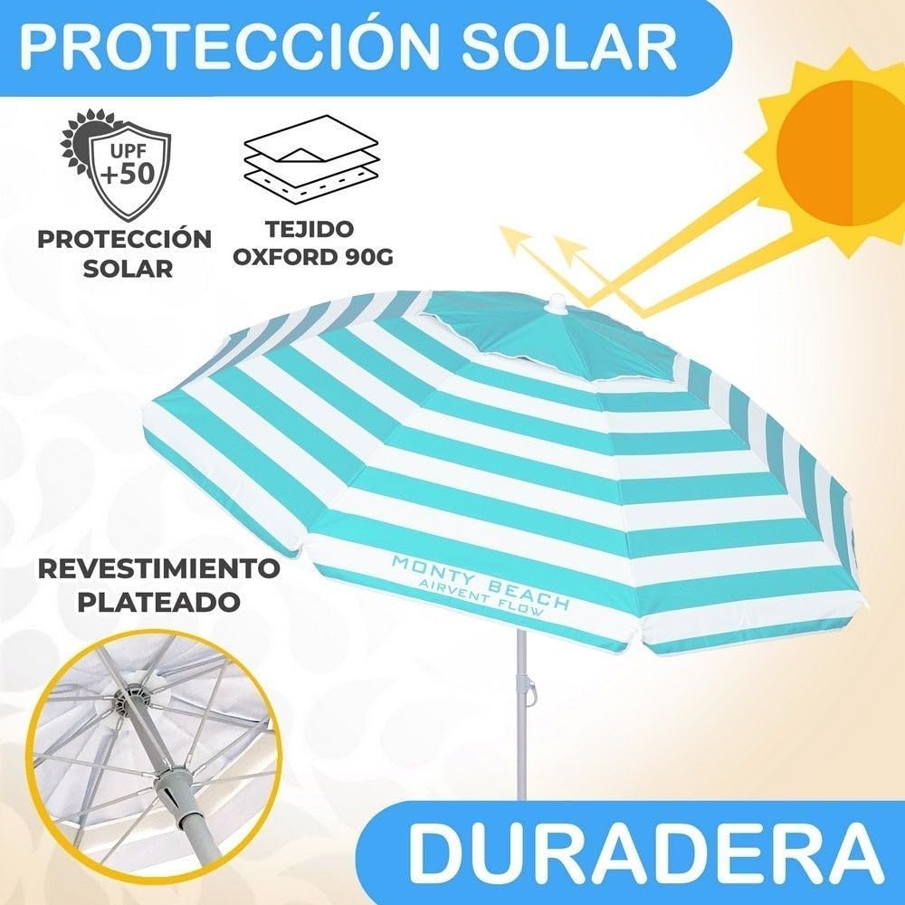 LOLAhome Sombrilla playa 240 cm y soporte arena, protección UV+50, sombrilla antiviento, varillas flexibles, techo ventilación, mástil inclinable y regulable altura, bolsa transporte