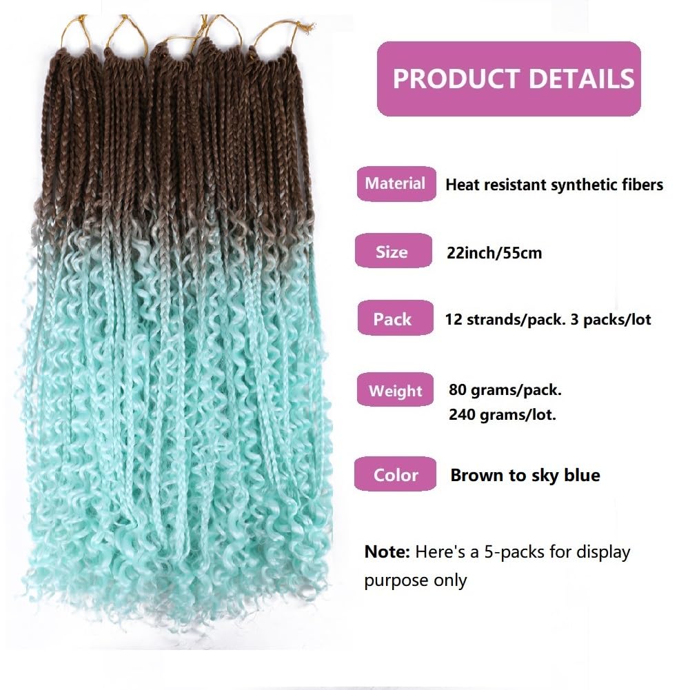 22 Inch Ombre Boho Box Braids Pre Looped Goddess Crochet Braids with Curly Ends 3 Packs Bohemian Braiding Hair Extensions for Women (Brown-Sky Blue) - Image 2
