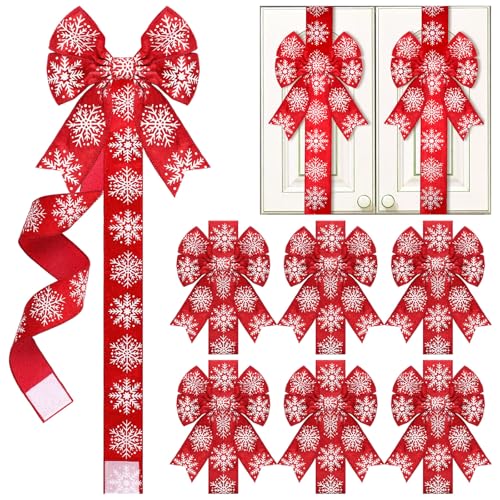Knitgrip 6 Pcs Christmas Cabinet Bows Velvet Door Ribbon Large Winter Festive Ribbons and Bows Snowflake Pattern Christmas Decorations for Cabinets Furniture Kitchen Party Supplies,79 Inch(Red)