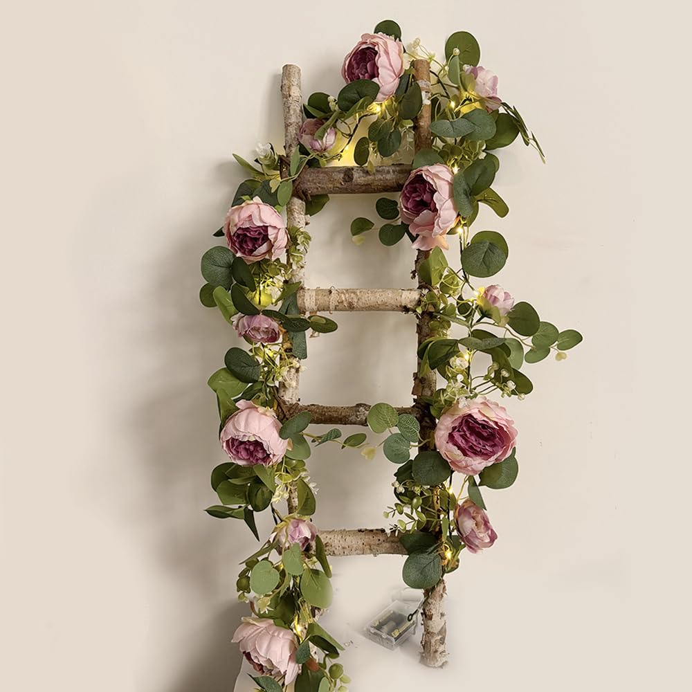 buywin 6FT Artificial Eucalyptus Flower Garland with String Light, Rose Flower&Eucalyptus Leaves Greenery Vine Lights with Timer, Garland Fairy Lights for Wedding Table Home Bedroom Decor (Vintage)