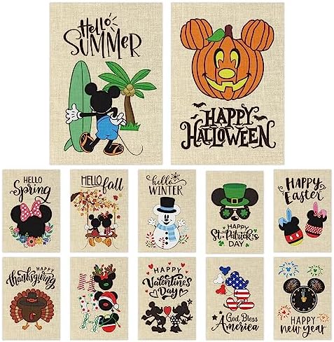 D1resion 12Pcs Seasonal Garden Flag Set Cartoon Mouse Burlap Yard Flags Double Sided Print House Flag Outdoor Holiday Decorations for Autumn Halloween Thanksgiving Christmas New Year 12.4 X 18.1 In