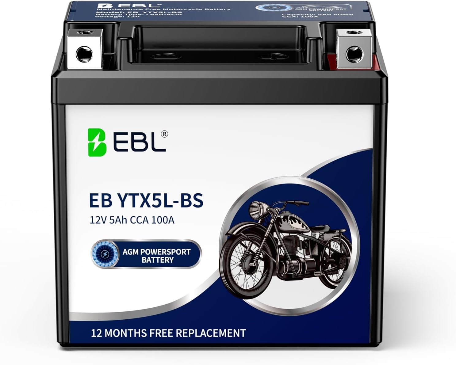 EBL YTX5L-BS Maintenance Free Motorcycle CTX5L Battery 12V 5Ah compatible with Honda YUASA Yamaha ETX5L-BS Batteries