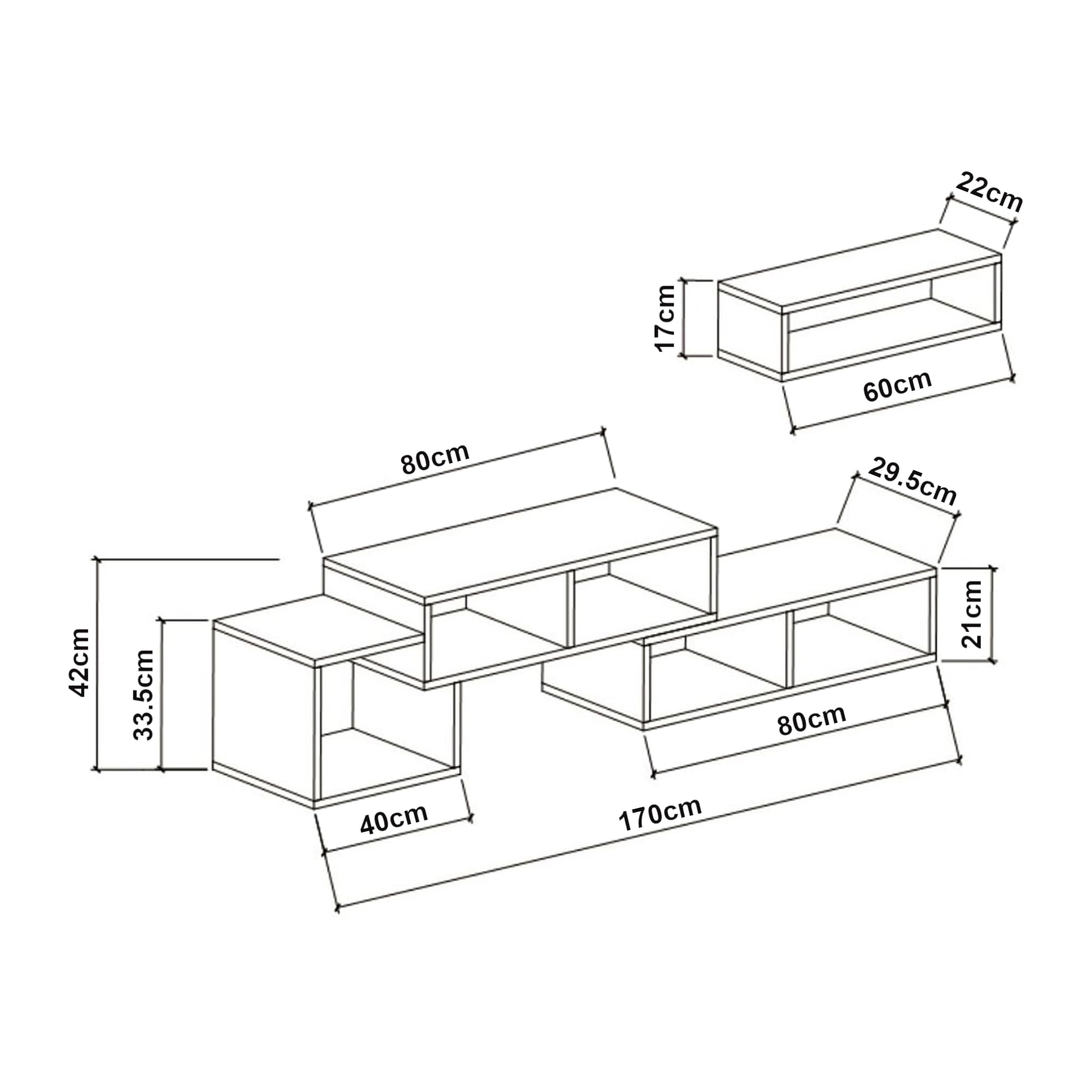 [en.casa] Juego de Muebles de Salón Mesa TV + 1 Estante Cubo de Pared - Mueble TV con 5 Compartimentos y 2 Estantes Laterales Aglomerado 170x30x42 cm - Blanco y Roble Antiguo