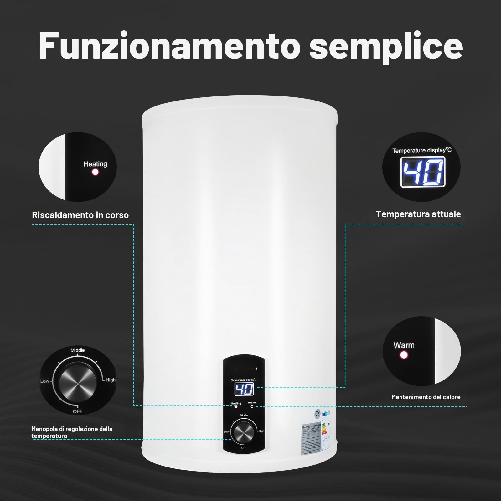 Scaldabagno Elettrico 35/50/60/70 Litri, Boiler Elettrico da Parete 2000W, Max. Temp 75°C, 220V, Verticale, Serbatoio in Acciaio Smaltato, Scaldacqua Elettrico Bagno e Doccia (70 Litri)