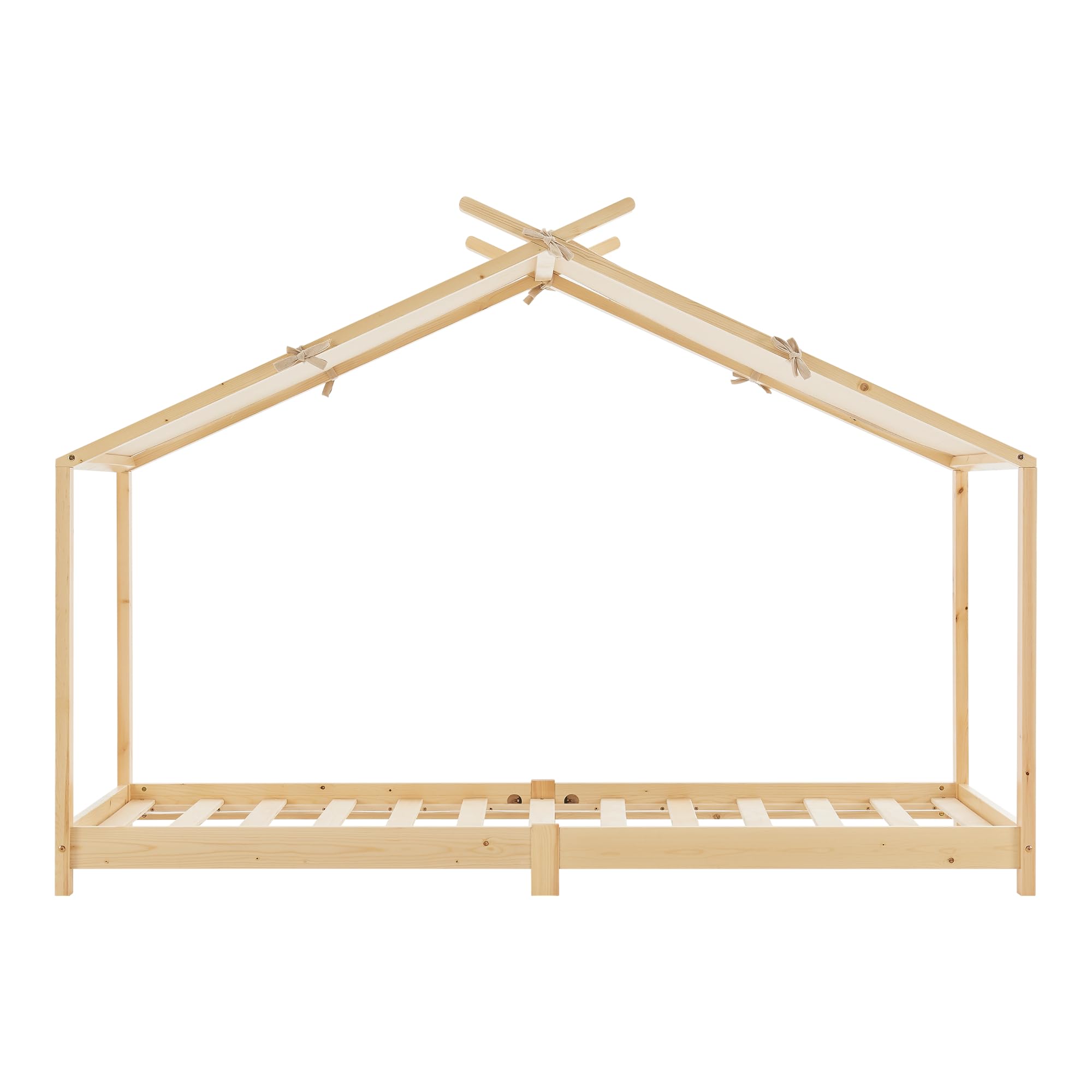 [en.casa] Cama para Niños con Techo de Textil Desmontable Cama Infantil Individual con Somier Estructura en Forma de Casa Estilo Montessori 90 x 200 cm Madera Pino - Natural y Beige