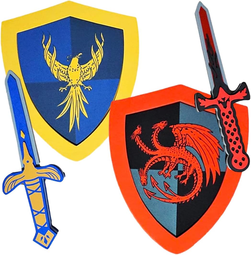 SENSORY4U Foam Sword and Shield Set - Kids Role Play Toy, Knight and Dragon Theme, Light vs Dark Pretend Play Weapons