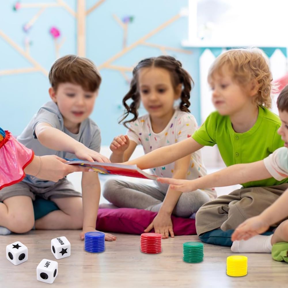Sarini Gioco di dadi sinistra centro destra con 4 gettoni colorati, dadi a 3 stelle e istruzioni - Scatola di latta da 65 g, perfetta per feste, riunioni di famiglia e riunioni con gli amici