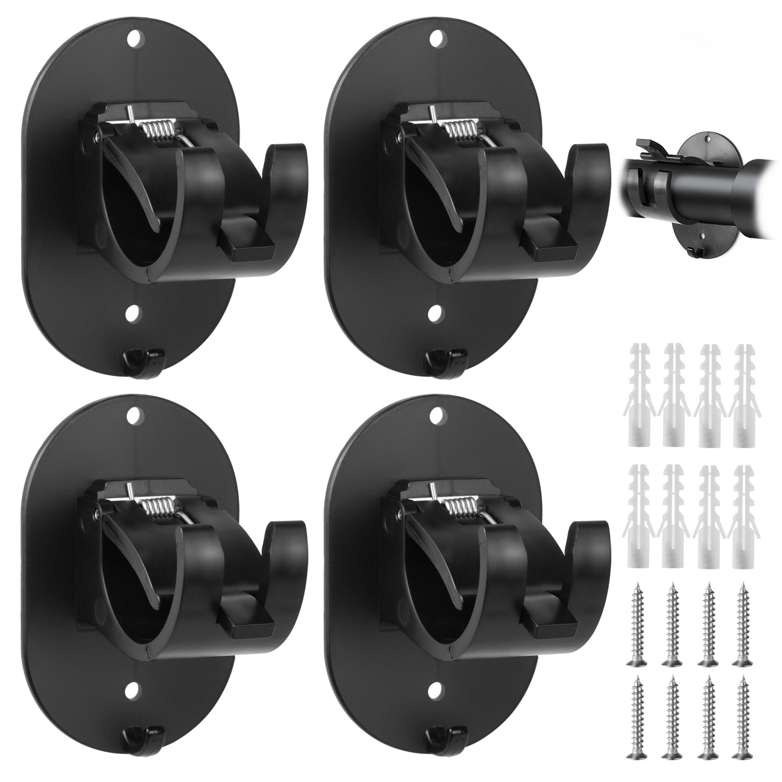 CYZBL No-Drill Curtain Rod Brackets (4Pcs) - Heavy Duty Adhesive Hooks for Roman & Tension Rods, Strong Spring Clip - Damage-Free for Renters & Home Decor - Black