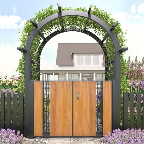 Modern Garden Arch Gate Set with Wood Panels, Metal Frame,