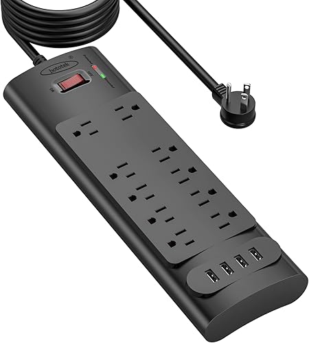 bototek - Protector de sobretensiones con 10 salidas de CA y 4 puertos USB, 1875 W15 A, 2100 julios, cable de extensión largo de enchufe plano de 10