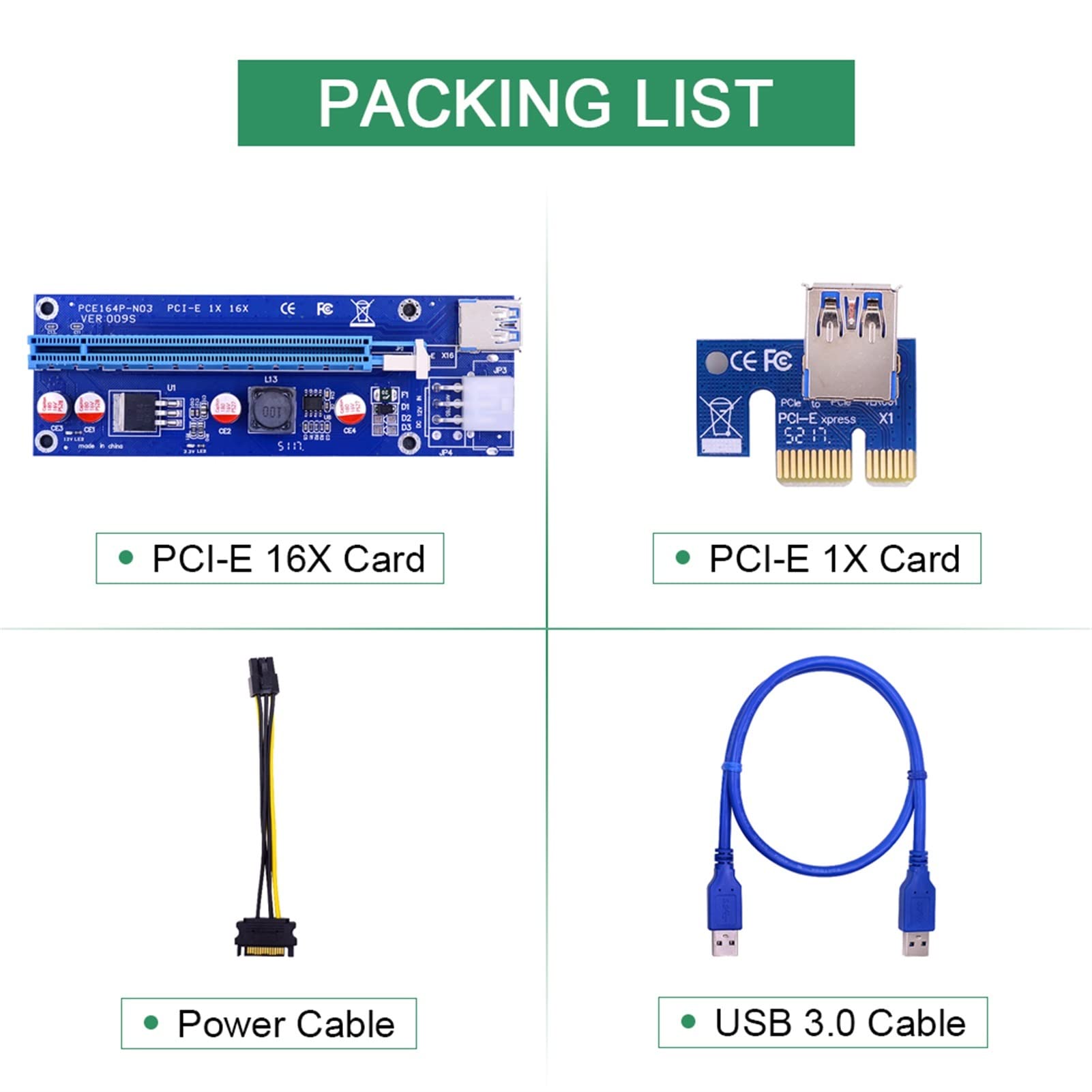 KLVN 1. 0szt Ver009s PCI-E Karta Riser. PCIe 1x. do 16x Extender z DOPROWADZIŁO Wskaźnik + 0. 6m USB 3.0. Przewód zasilający kablowy / 6pin