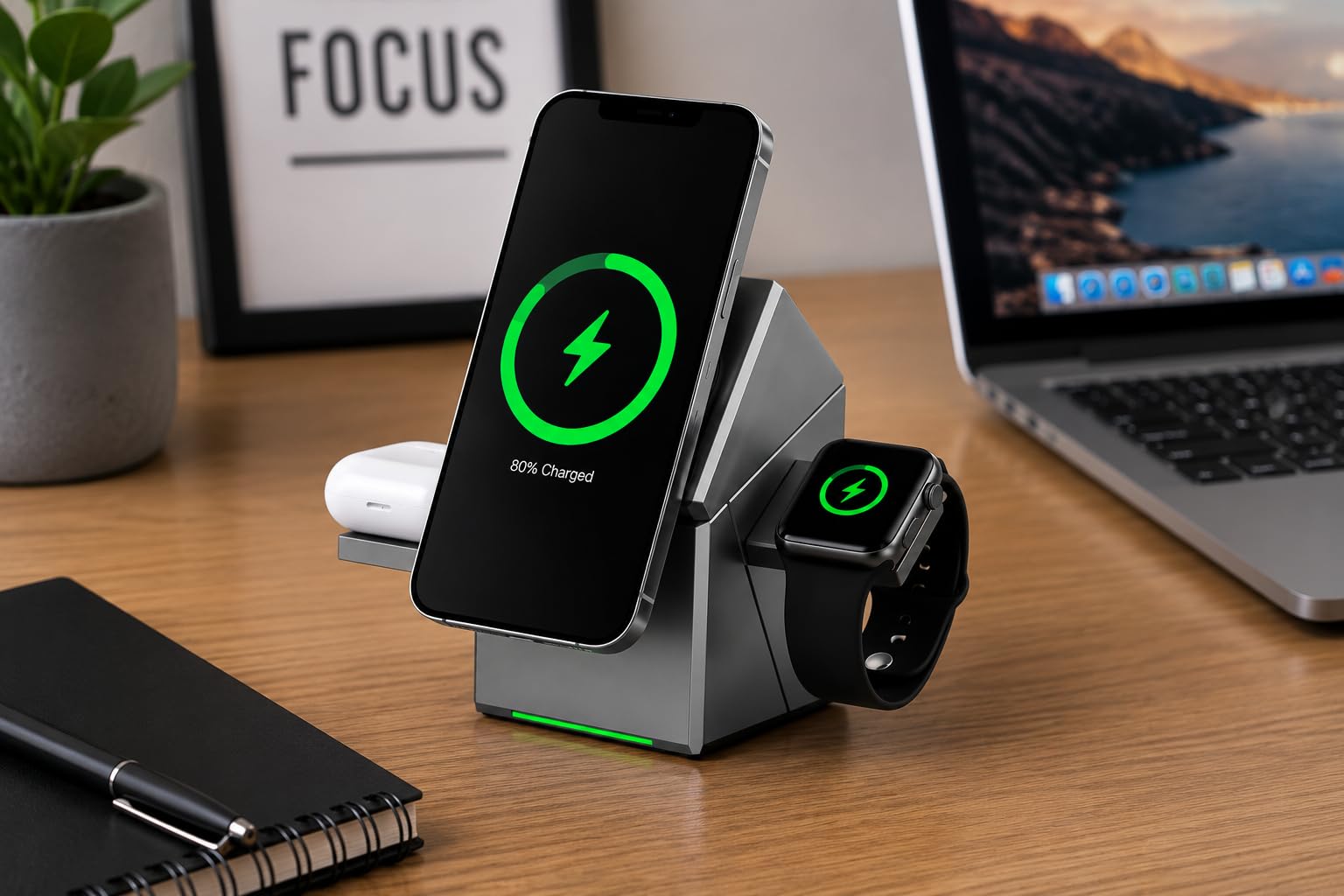 Chargeur sans Fil 3 en 1, 15W, Compatible Smartphones Android et Apple, Montres Connectées et Écouteurs sans Fil – Station de Charge Rapide Pliable et Compacte pour Bureau, Maison et Voyage