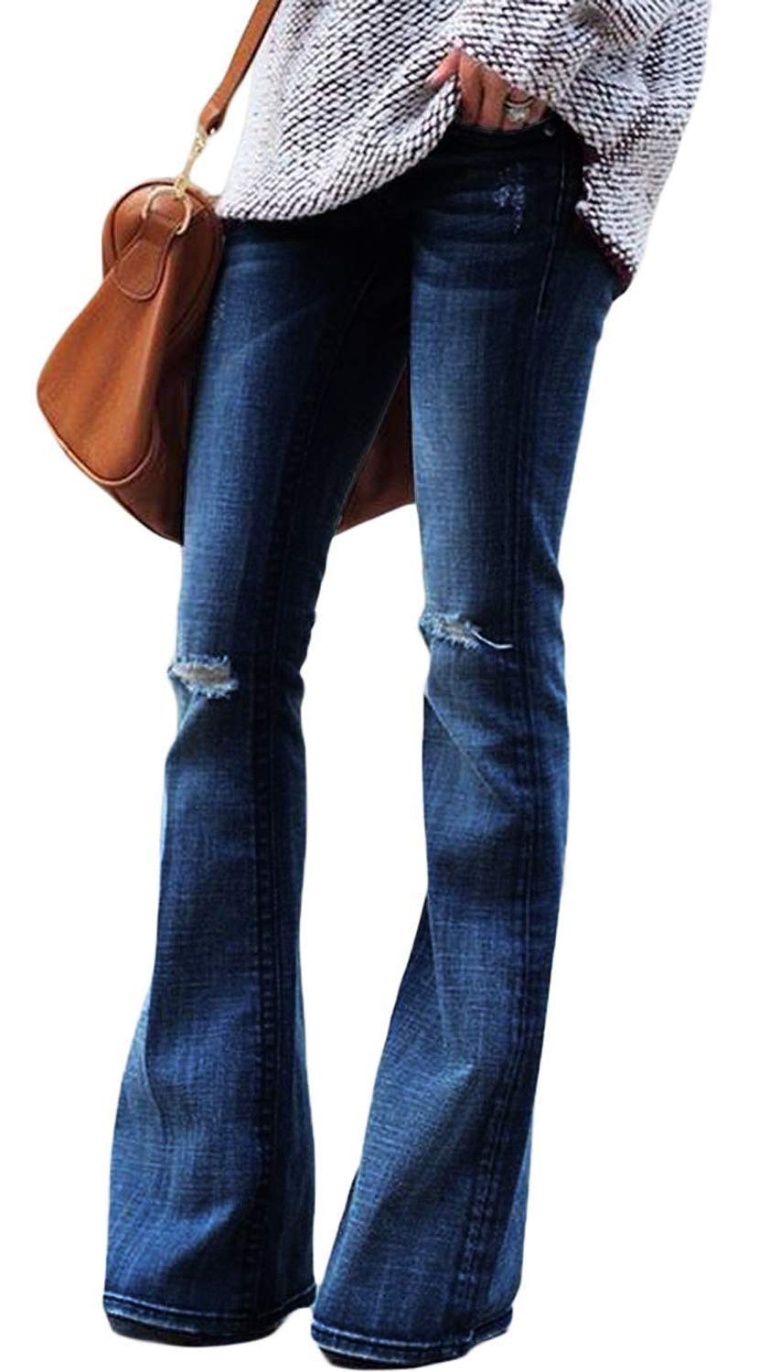 Women's Flare Jeans, Hight Waist Bell Bottom Jean Slim Bootcut Jean Ripped Fitted Denim Jeans,Dark Blue(Ripped),US 14